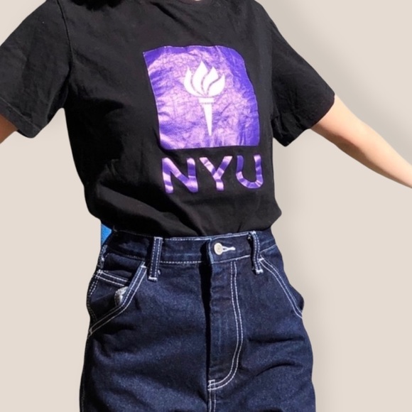 BLACK Collegiate Crew Neck New York University NYU Preppy Short Sleeve Tee - Picture 2 of 5